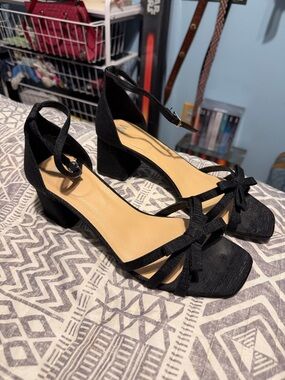 Women's Black Ankle-Strap Block Heels with Bow Accent